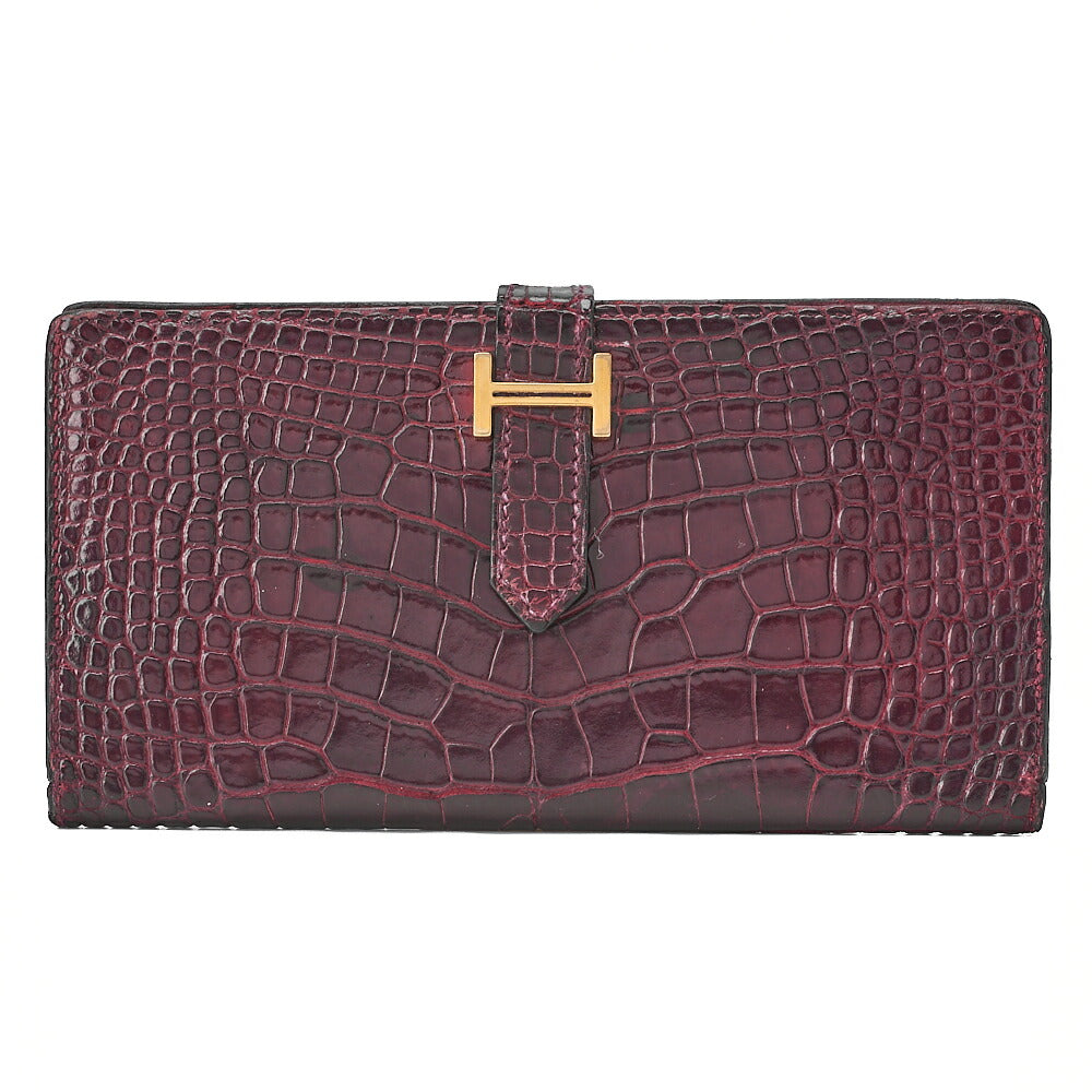 HERMES B?ance Souffl Alligator 2-fold long wallet Bordeaux Gold-Tone Hardware, Pre-Owned