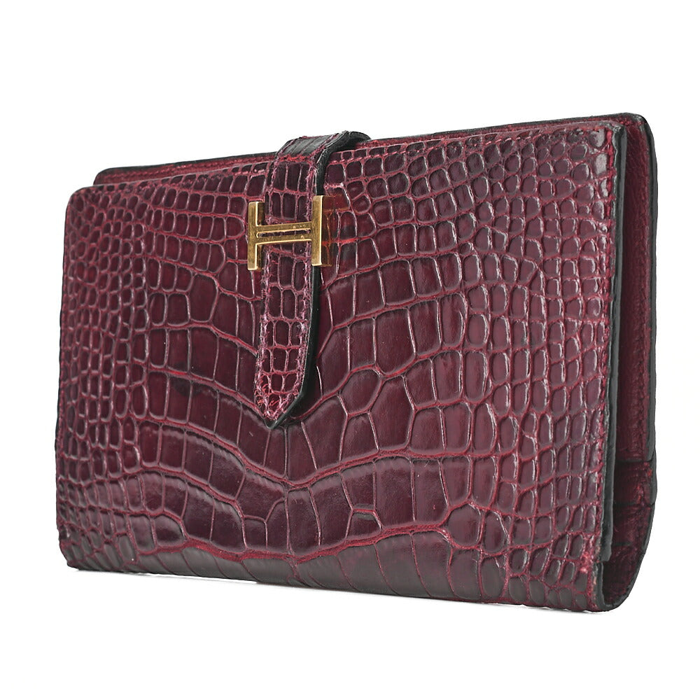 HERMES B?ance Souffl Alligator 2-fold long wallet Bordeaux Gold-Tone Hardware, Pre-Owned