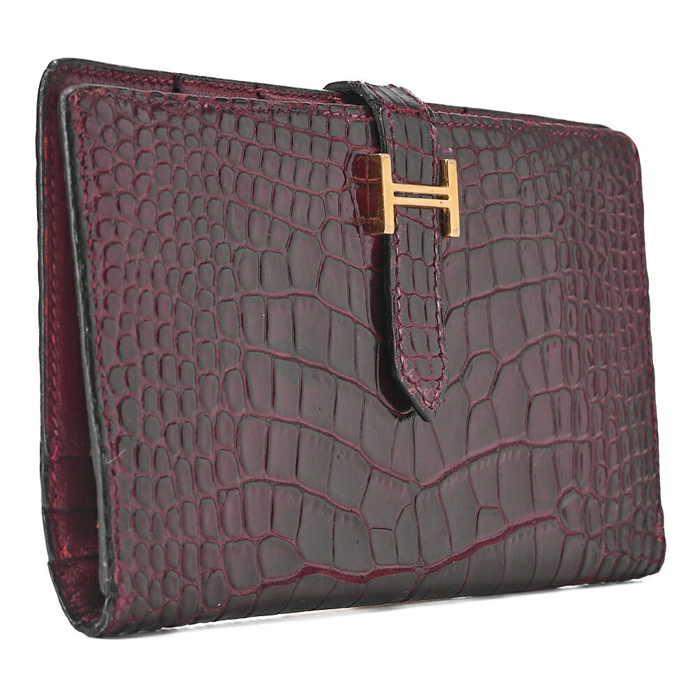 HERMES B?ance Souffl Alligator 2-fold long wallet Bordeaux Gold-Tone Hardware, Pre-Owned