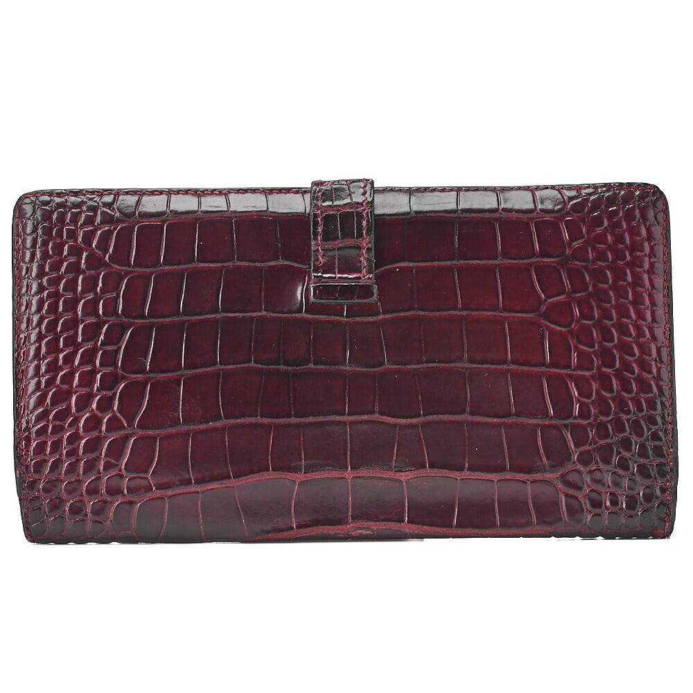 HERMES B?ance Souffl Alligator 2-fold long wallet Bordeaux Gold-Tone Hardware, Pre-Owned