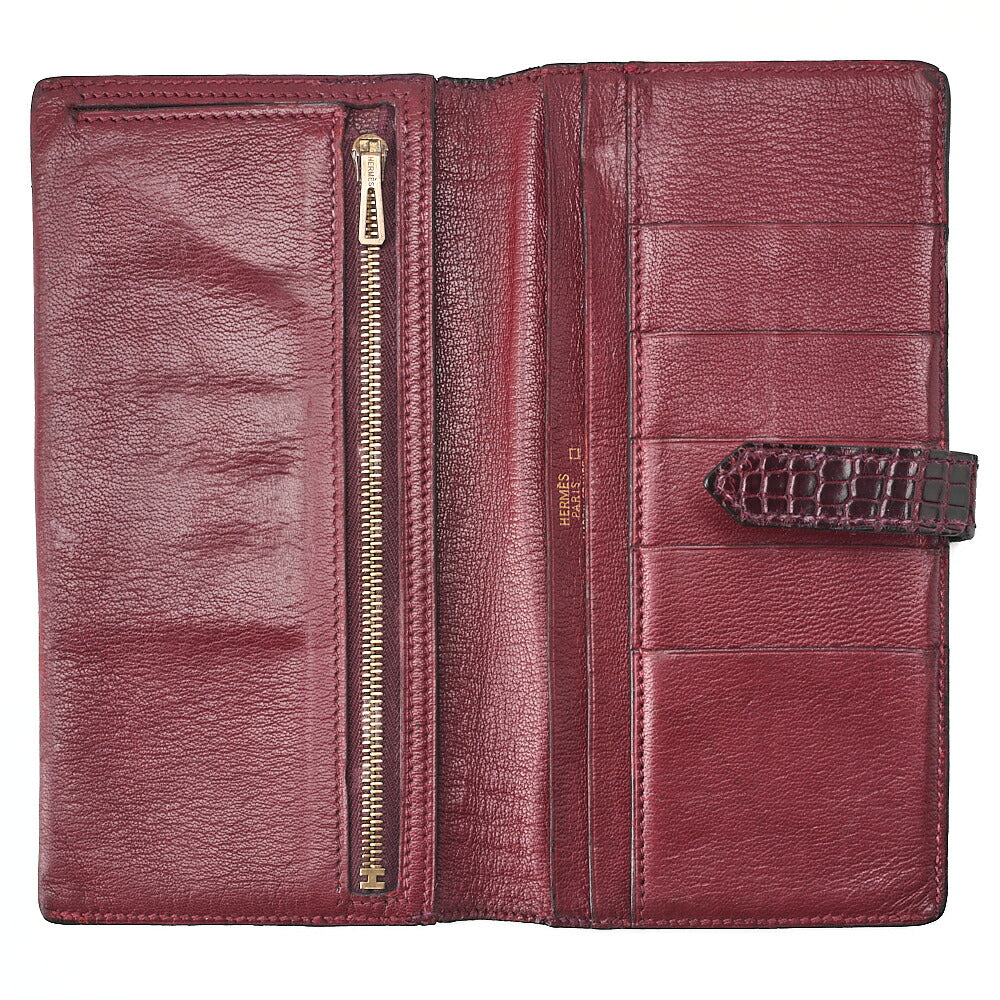 HERMES B?ance Souffl Alligator 2-fold long wallet Bordeaux Gold-Tone Hardware, Pre-Owned