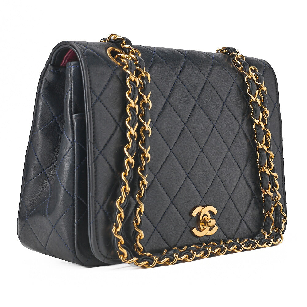 CHANEL Lambskin Matelasse Full Flap Turnlock Chain Shoulder Navy Gold-Tone Hardware, Pre-Owned
