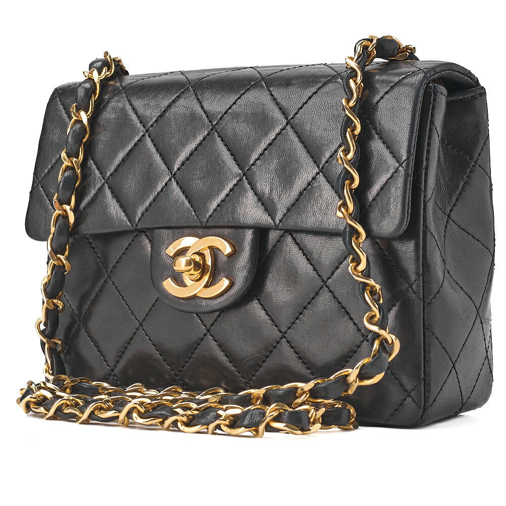 CHANEL Chain Shoulder Bag Mini Matelasse 17cm Lambskin Black Gold-Tone Hardware, Pre-Owned