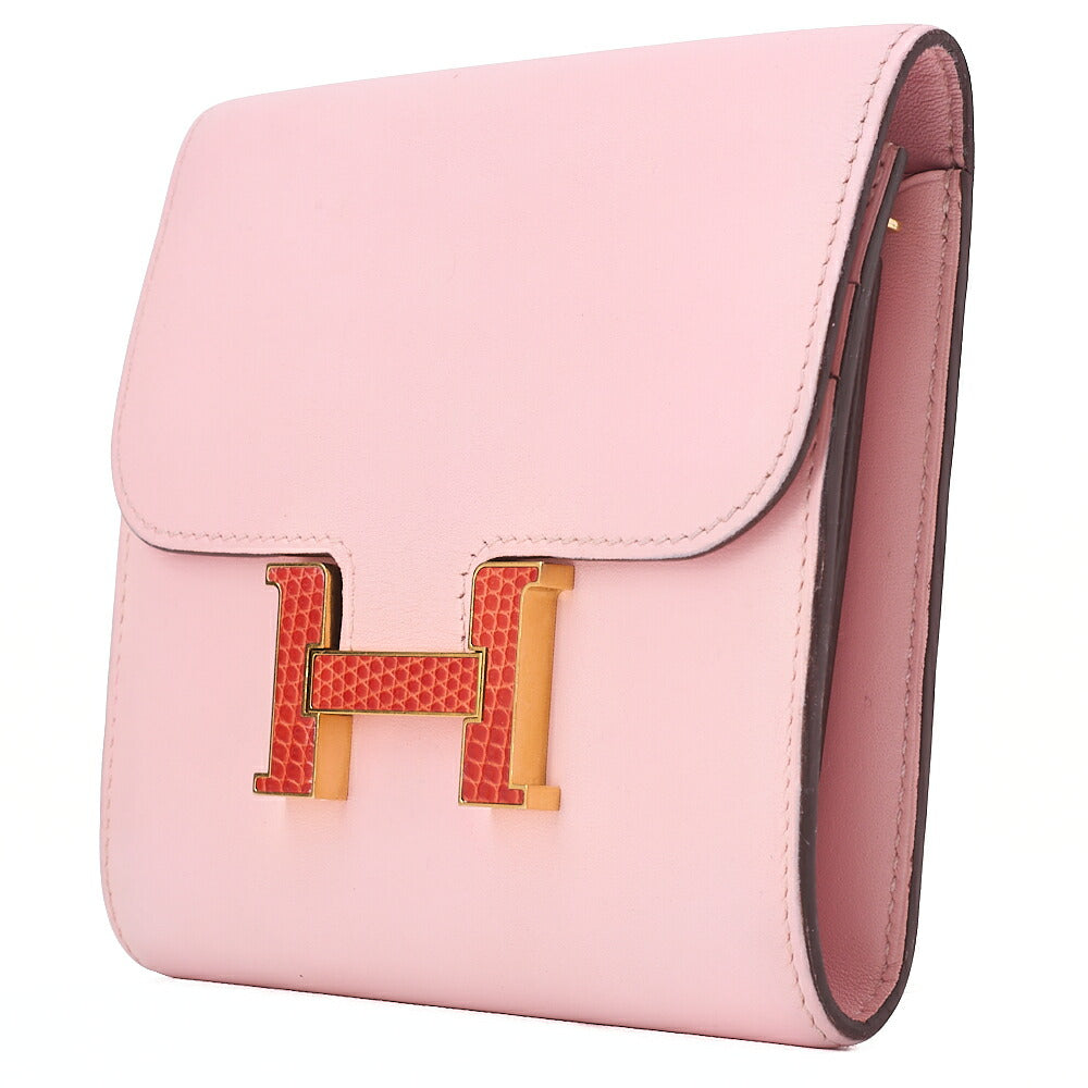 HERMES Constance Compact Bi-fold Wallet Swift x Lizard Rose Sakura Gold-Tone Hardware, Pre-Owned