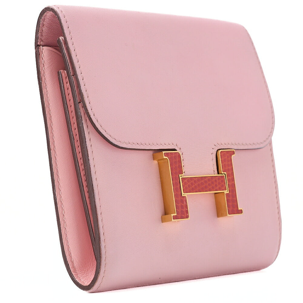 HERMES Constance Compact Bi-fold Wallet Swift x Lizard Rose Sakura Gold-Tone Hardware, Pre-Owned
