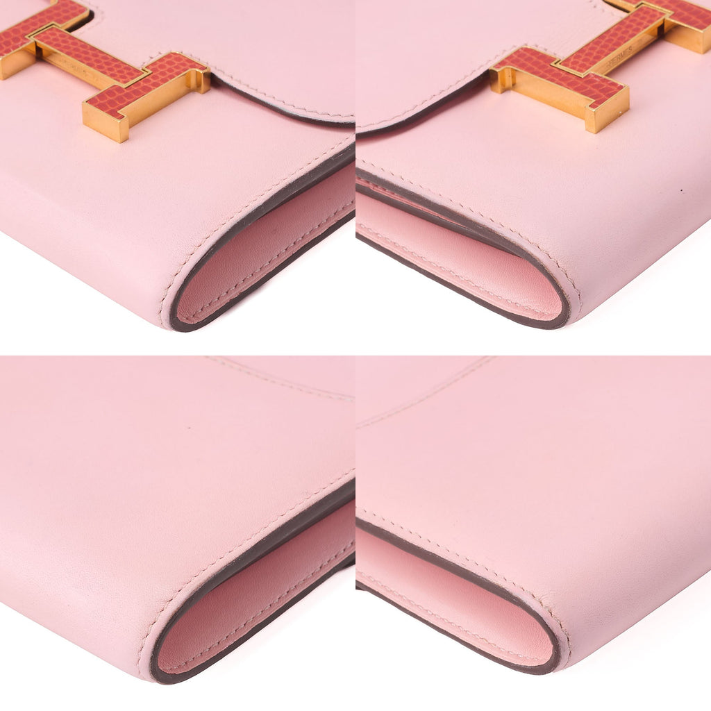 HERMES Constance Compact Bi-fold Wallet Swift x Lizard Rose Sakura Gold-Tone Hardware, Pre-Owned