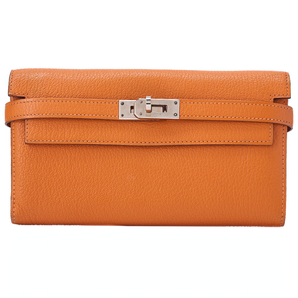 HERMES Kelly Wallet 3-Fold Long Wallet Chevre Orange Silver-Tone Hardware, Pre-Owned