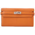HERMES Kelly Wallet 3-Fold Long Wallet Chevre Orange Silver-Tone Hardware, Pre-Owned