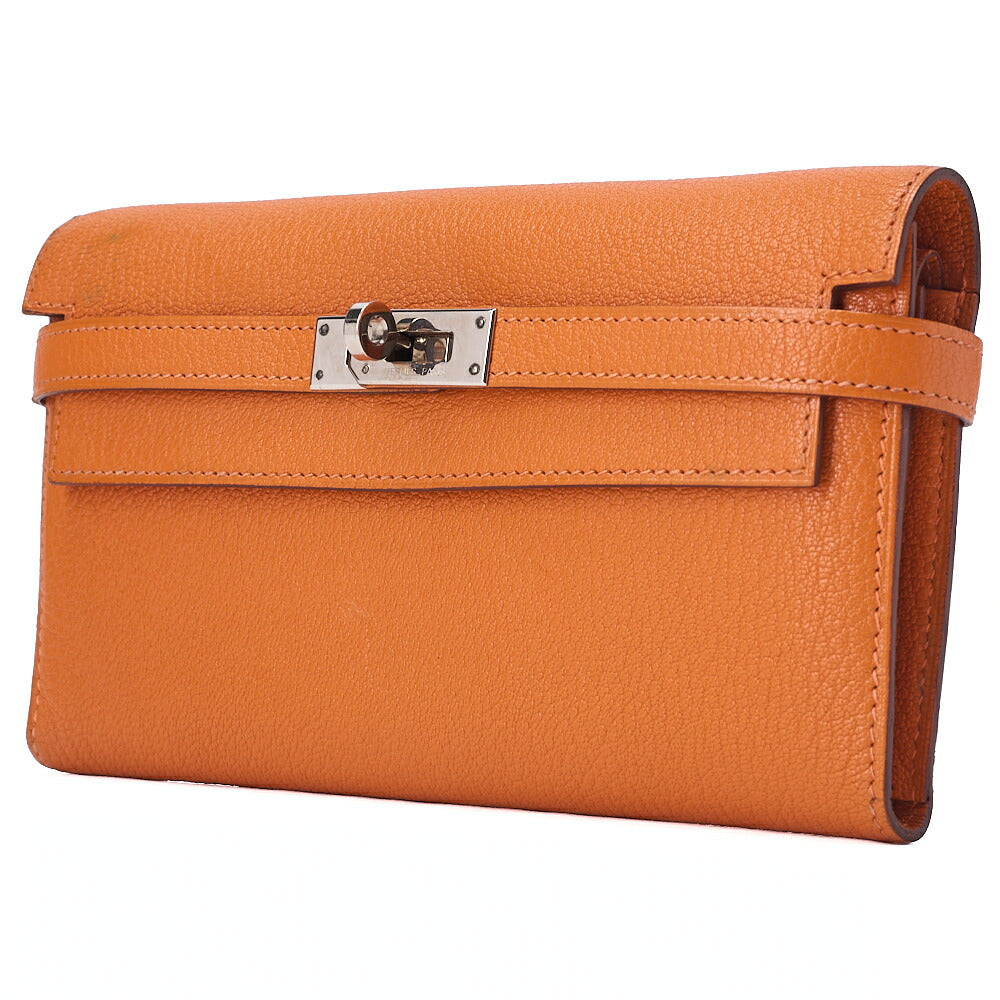 HERMES Kelly Wallet 3-Fold Long Wallet Chevre Orange Silver-Tone Hardware, Pre-Owned