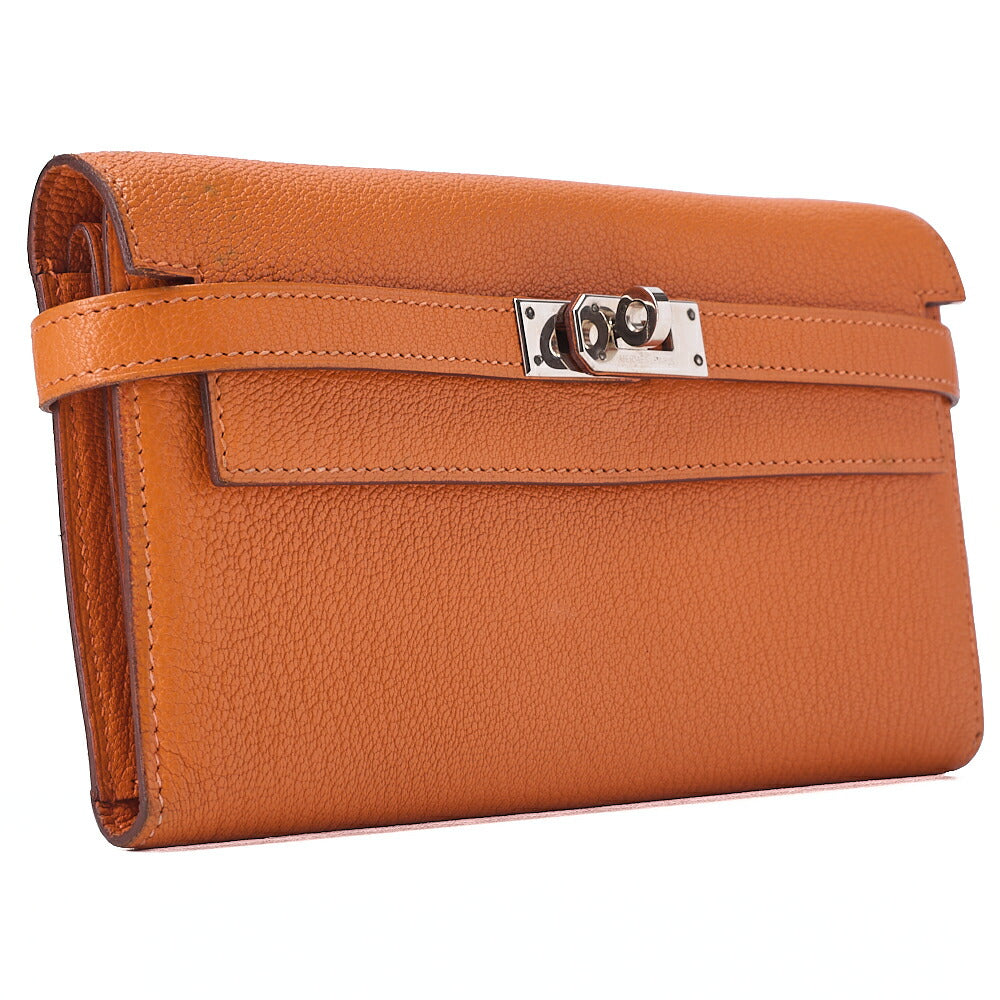 HERMES Kelly Wallet 3-Fold Long Wallet Chevre Orange Silver-Tone Hardware, Pre-Owned