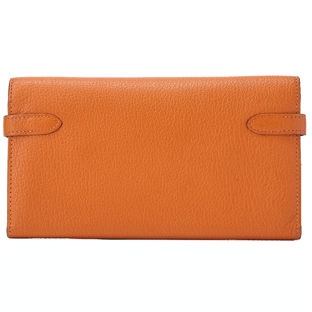 HERMES Kelly Wallet 3-Fold Long Wallet Chevre Orange Silver-Tone Hardware, Pre-Owned