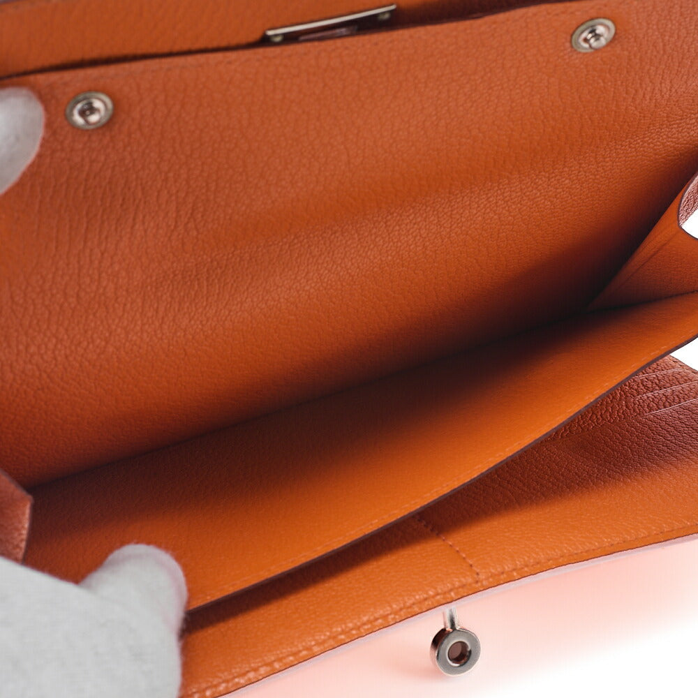 HERMES Kelly Wallet 3-Fold Long Wallet Chevre Orange Silver-Tone Hardware, Pre-Owned