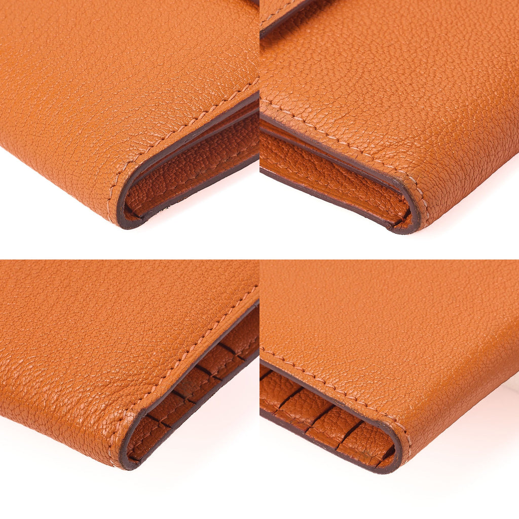 HERMES Kelly Wallet 3-Fold Long Wallet Chevre Orange Silver-Tone Hardware, Pre-Owned