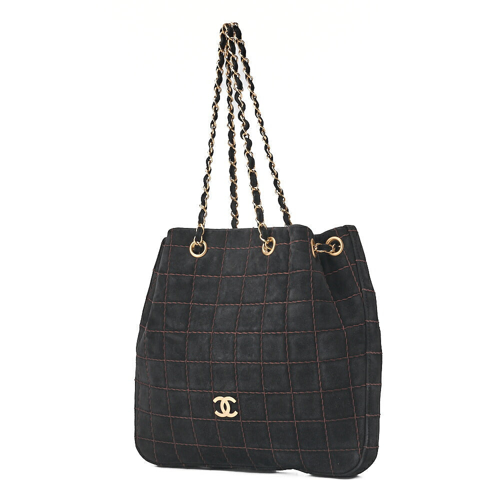 CHANEL Chocolate Bar Wild Stitch Drawstring Suede Black Gold-Tone Hardware, Pre-Owned
