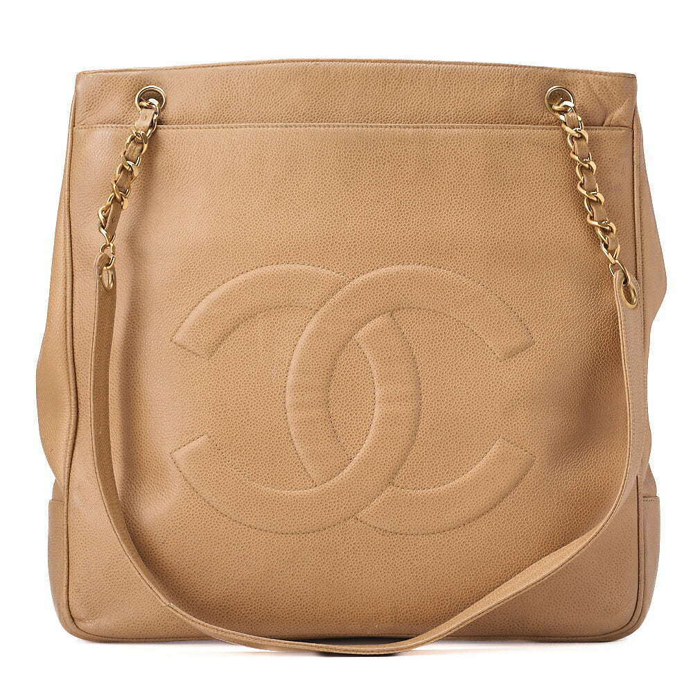CHANEL Big Coco Mark Double Chain Shoulder Caviar Skin Beige Gold-Tone Hardware, Pre-Owned