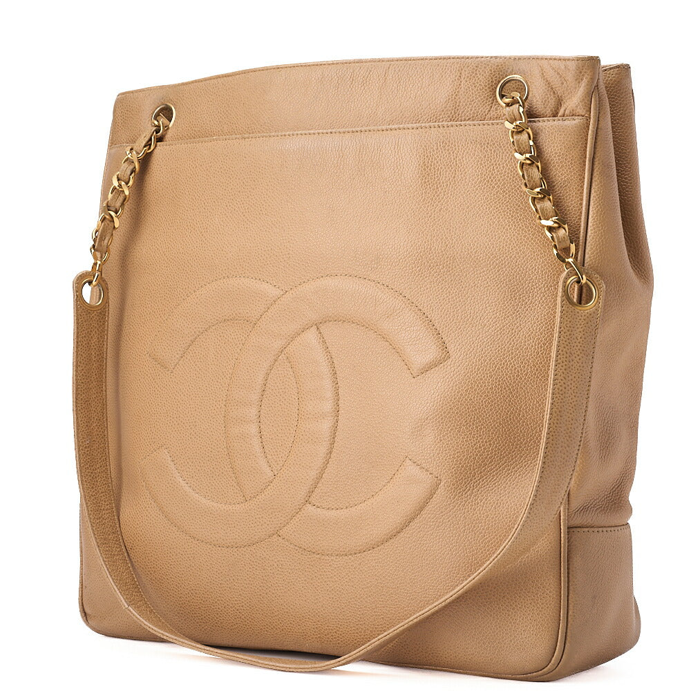 CHANEL Big Coco Mark Double Chain Shoulder Caviar Skin Beige Gold-Tone Hardware, Pre-Owned