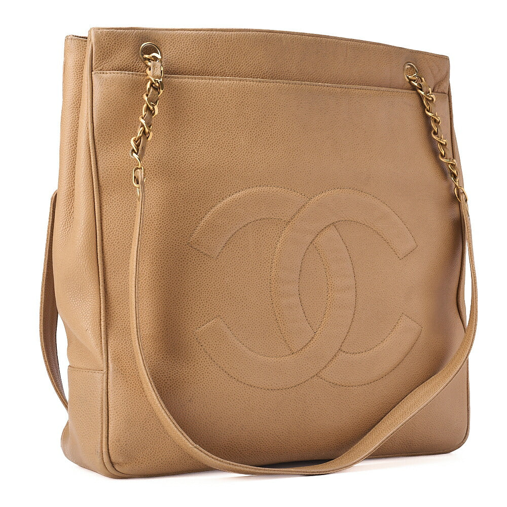 CHANEL Big Coco Mark Double Chain Shoulder Caviar Skin Beige Gold-Tone Hardware, Pre-Owned