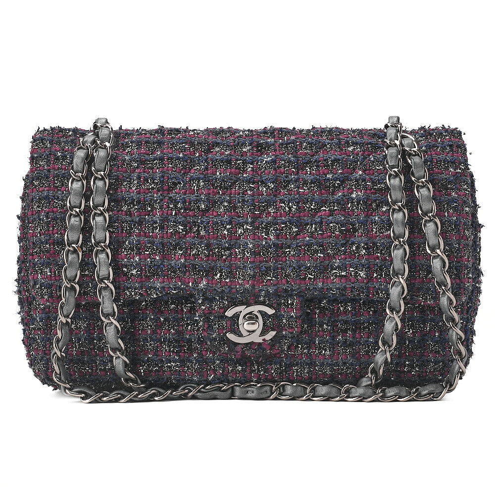CHANEL Matelasse Tweed Double Flap 25cm Chain Shoulder Purple x Silver Silve-Tone Hardware, Pre-Owned