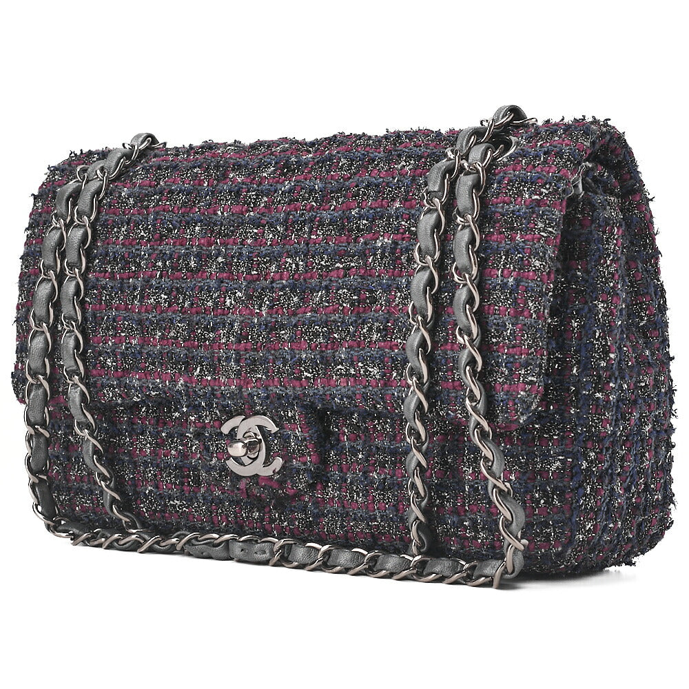 CHANEL Matelasse Tweed Double Flap 25cm Chain Shoulder Purple x Silver Silve-Tone Hardware, Pre-Owned