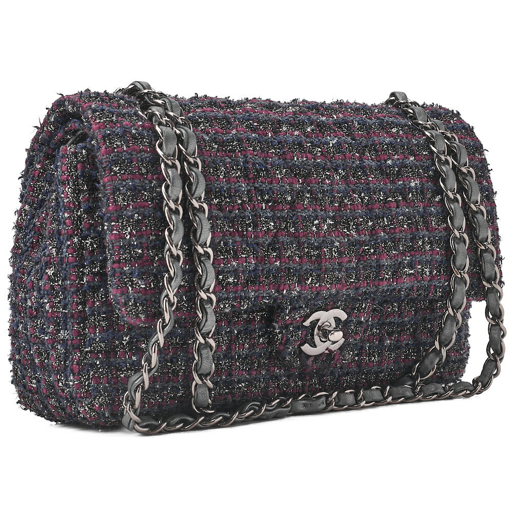 CHANEL Matelasse Tweed Double Flap 25cm Chain Shoulder Purple x Silver Silve-Tone Hardware, Pre-Owned