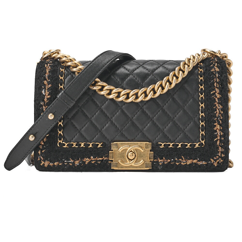 CHANEL Tweed X Lambskin Boy Chanel Braided Chain Shoulder Black Gold-Tone Hardware, Pre-Owned