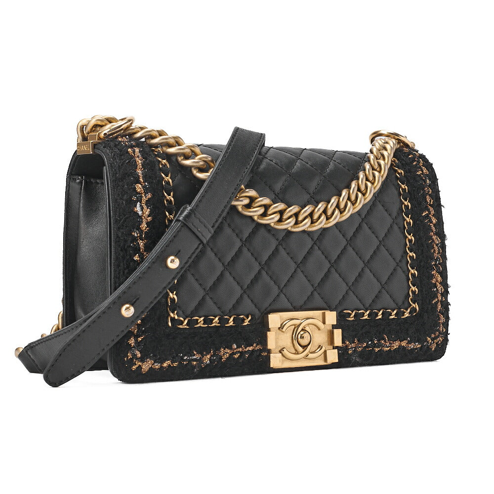 CHANEL Tweed X Lambskin Boy Chanel Braided Chain Shoulder Black Gold-Tone Hardware, Pre-Owned