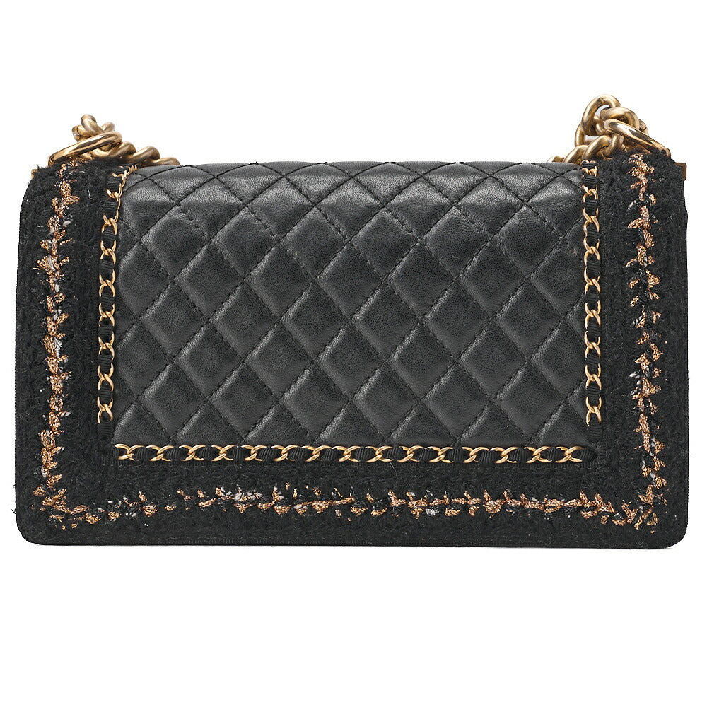 CHANEL Tweed X Lambskin Boy Chanel Braided Chain Shoulder Black Gold-Tone Hardware, Pre-Owned