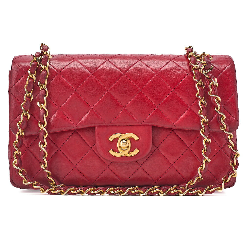 CHANEL Chain Shoulder Bag Matelasse 23cm Double Flap Lambskin Red Gold-Tone Hardware, Pre-Owned