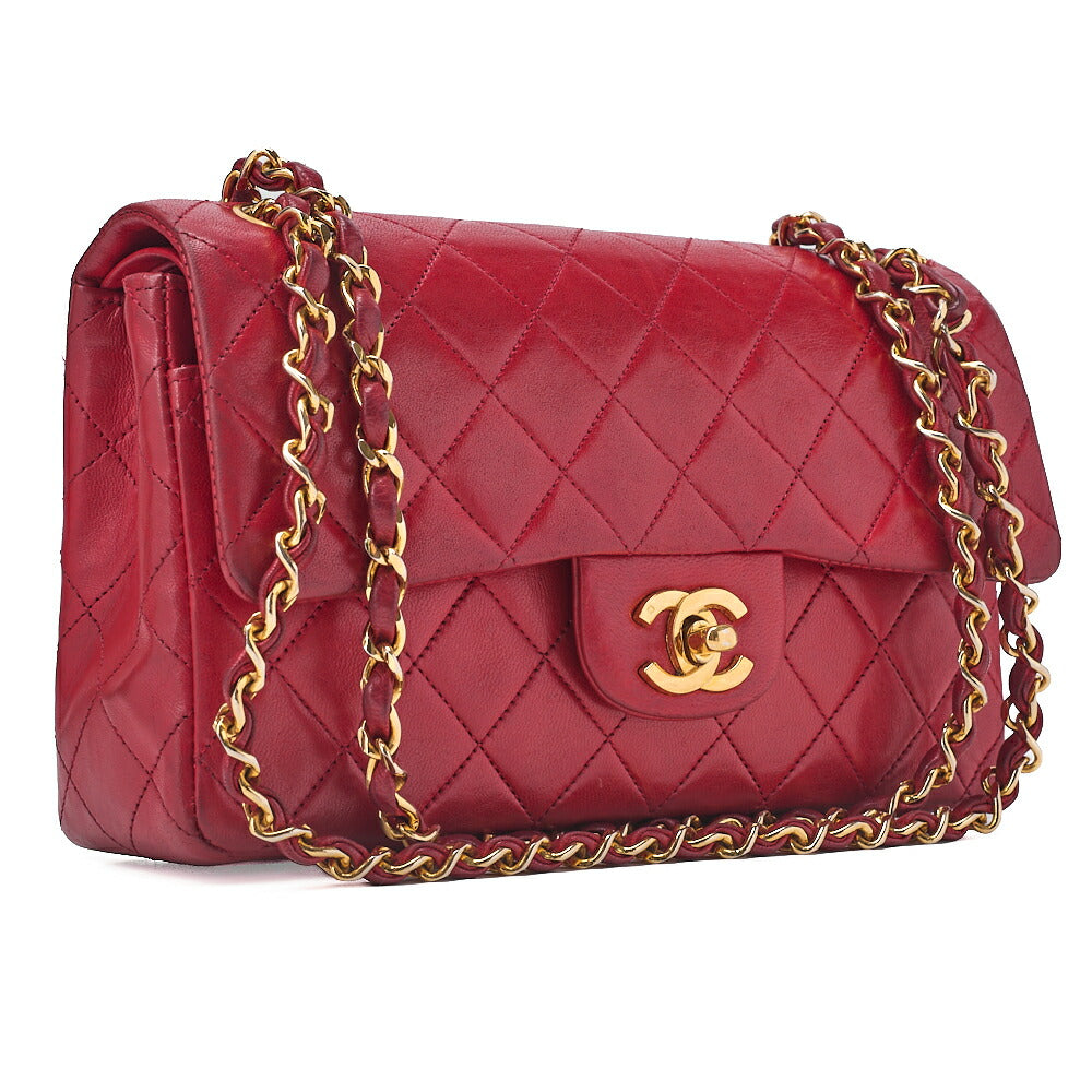 CHANEL Chain Shoulder Bag Matelasse 23cm Double Flap Lambskin Red Gold-Tone Hardware, Pre-Owned