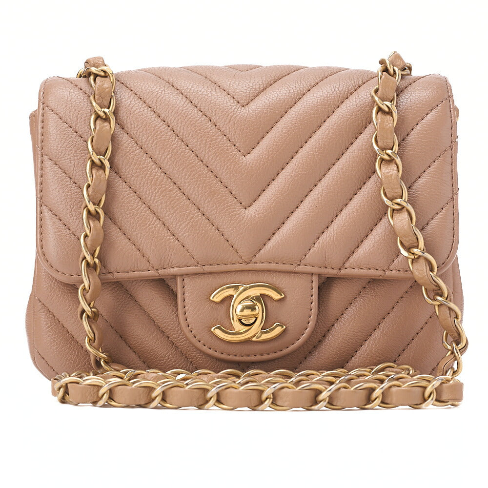 CHANEL Chain Shoulder Bag Mini V Stitch 17cm Calfskin Beige Gold-Tone Hardware, Pre-Owned