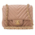 CHANEL Chain Shoulder Bag Mini V Stitch 17cm Calfskin Beige Gold-Tone Hardware, Pre-Owned