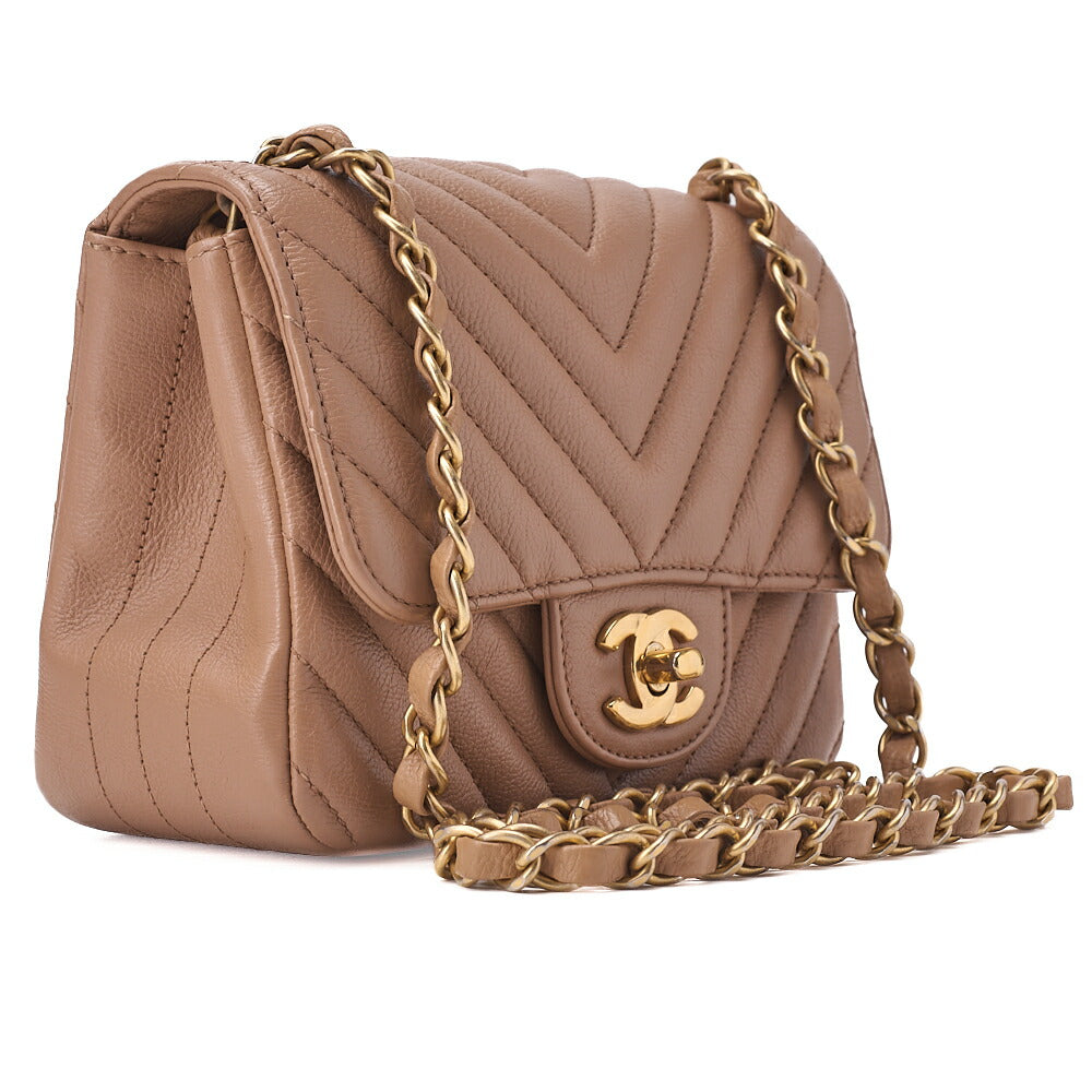 CHANEL Chain Shoulder Bag Mini V Stitch 17cm Calfskin Beige Gold-Tone Hardware, Pre-Owned