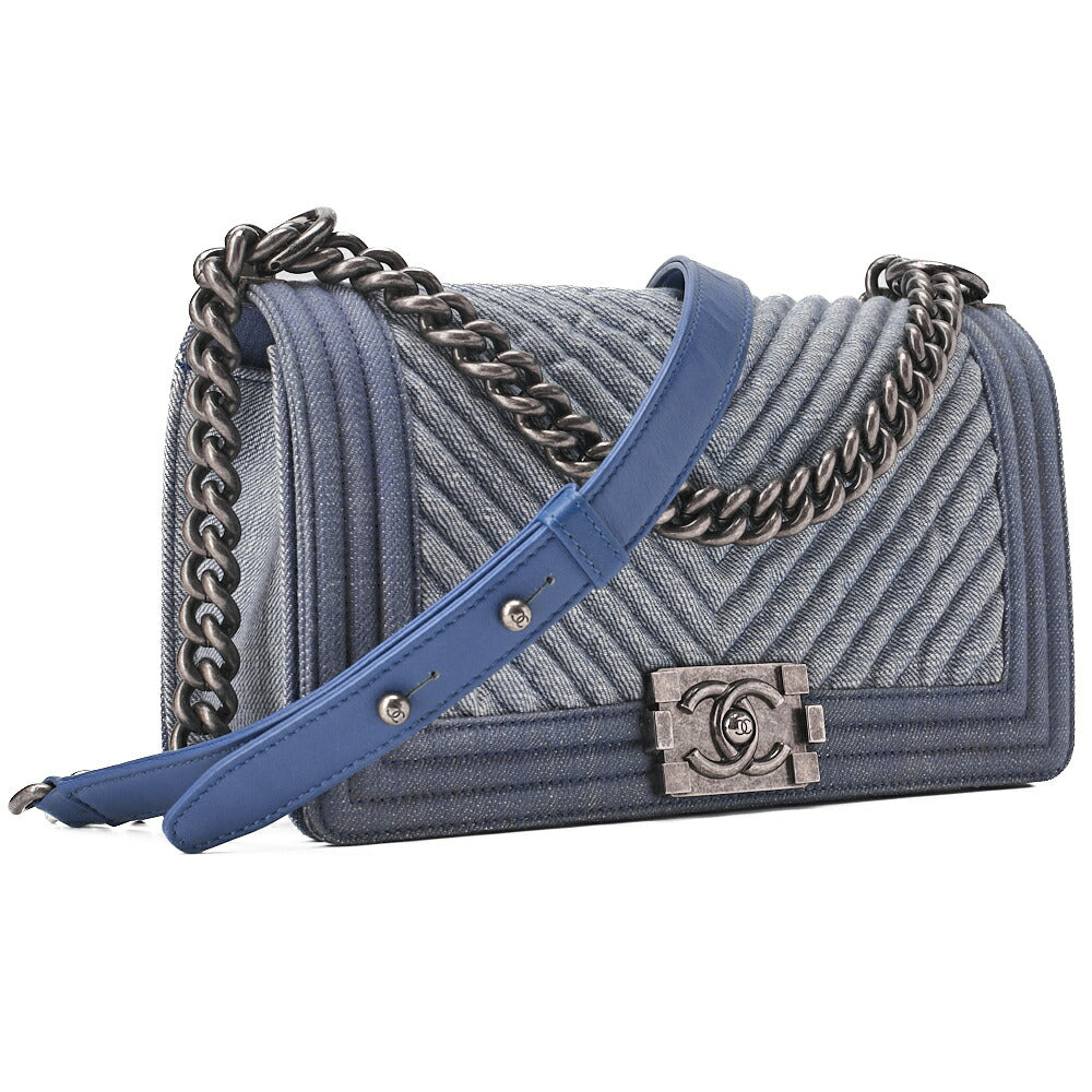 CHANEL Boy Chanel V-Stitch Chain Shoulder Denim Blue Silver-Tone Hardware, Pre-Owned