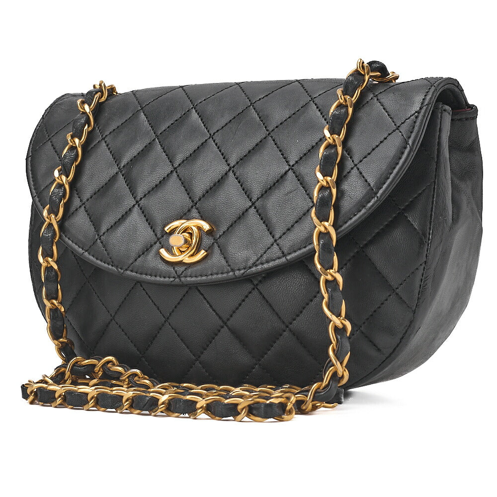 CHANEL Matelasse Round Flap Half Moon Chain Shoulder Bag Lambskin Black Gold-Tone Hardware, Pre-Owned