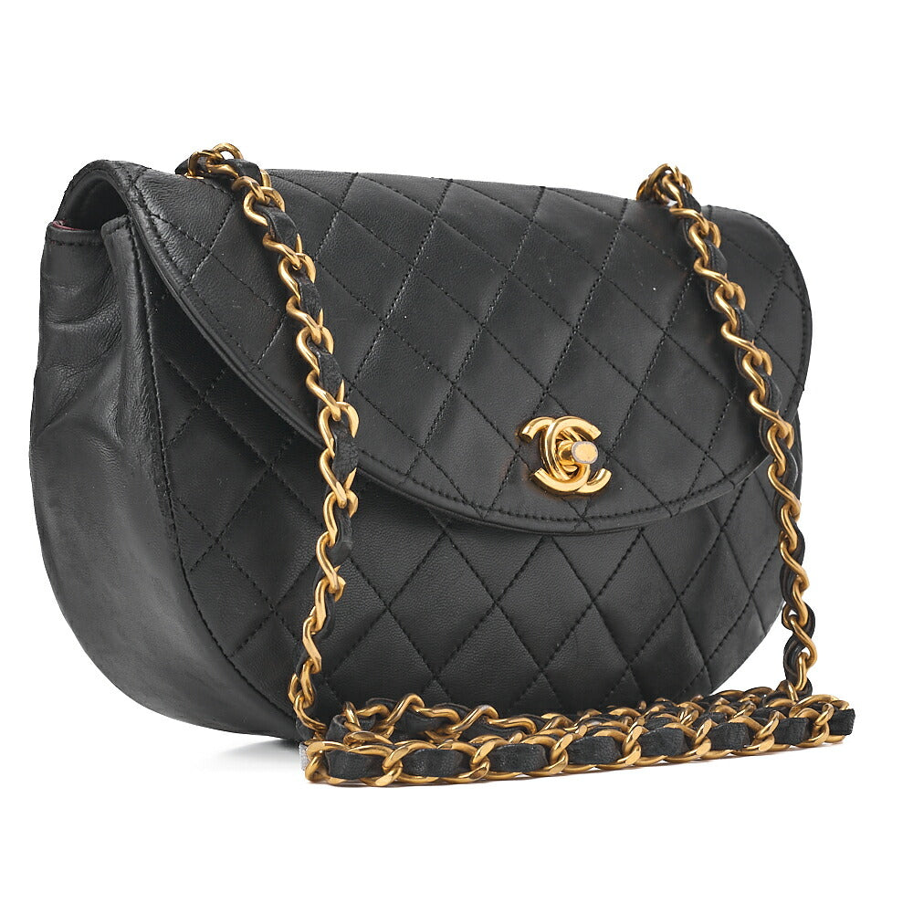 CHANEL Matelasse Round Flap Half Moon Chain Shoulder Bag Lambskin Black Gold-Tone Hardware, Pre-Owned