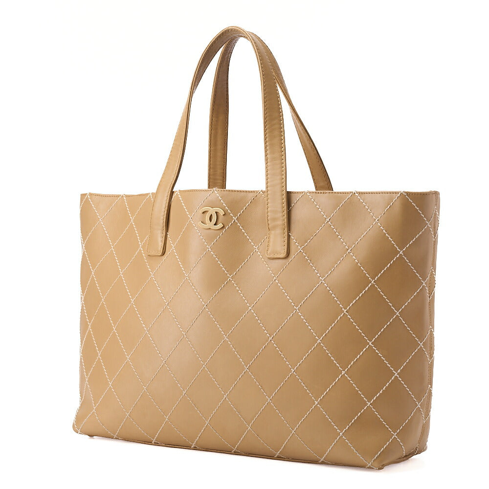 CHANEL Coco Mark Wild Stitch Tote Bag Calf Leather Beige Gold-Tone Hardware, Pre-Owned
