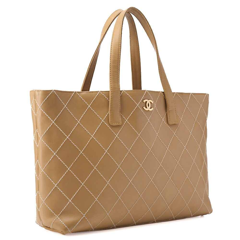 CHANEL Coco Mark Wild Stitch Tote Bag Calf Leather Beige Gold-Tone Hardware, Pre-Owned