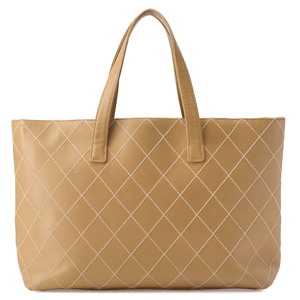 CHANEL Coco Mark Wild Stitch Tote Bag Calf Leather Beige Gold-Tone Hardware, Pre-Owned