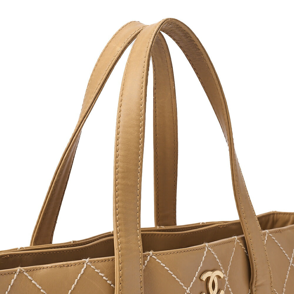 CHANEL Coco Mark Wild Stitch Tote Bag Calf Leather Beige Gold-Tone Hardware, Pre-Owned