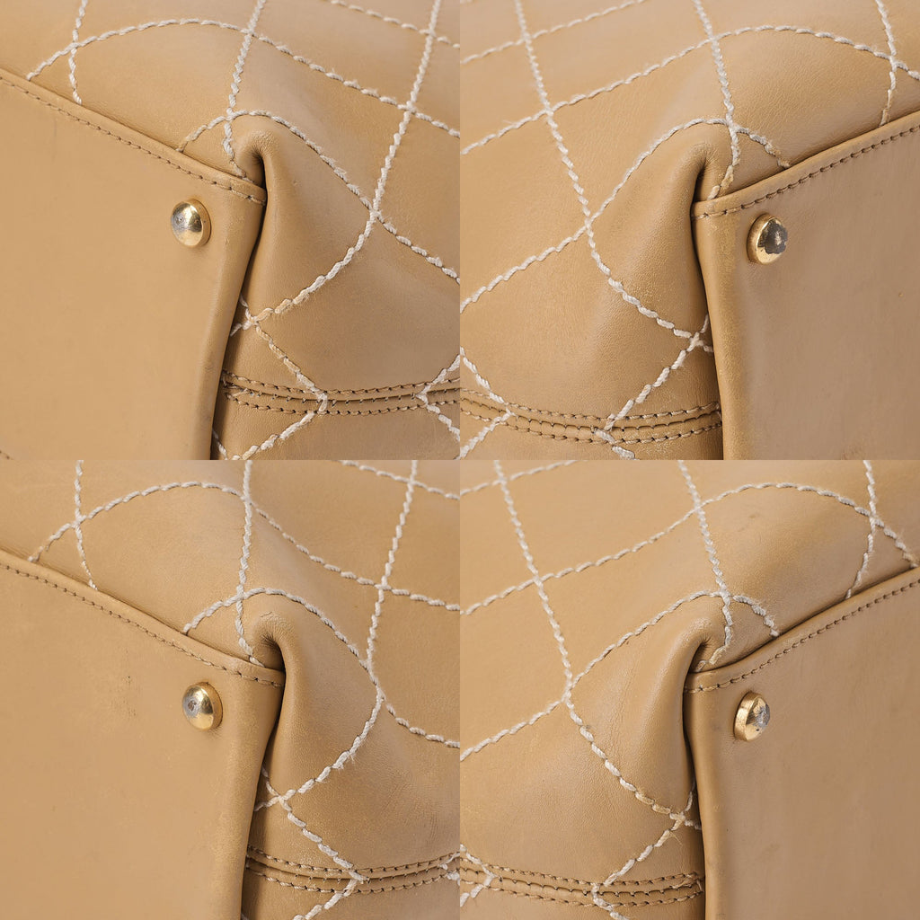 CHANEL Coco Mark Wild Stitch Tote Bag Calf Leather Beige Gold-Tone Hardware, Pre-Owned