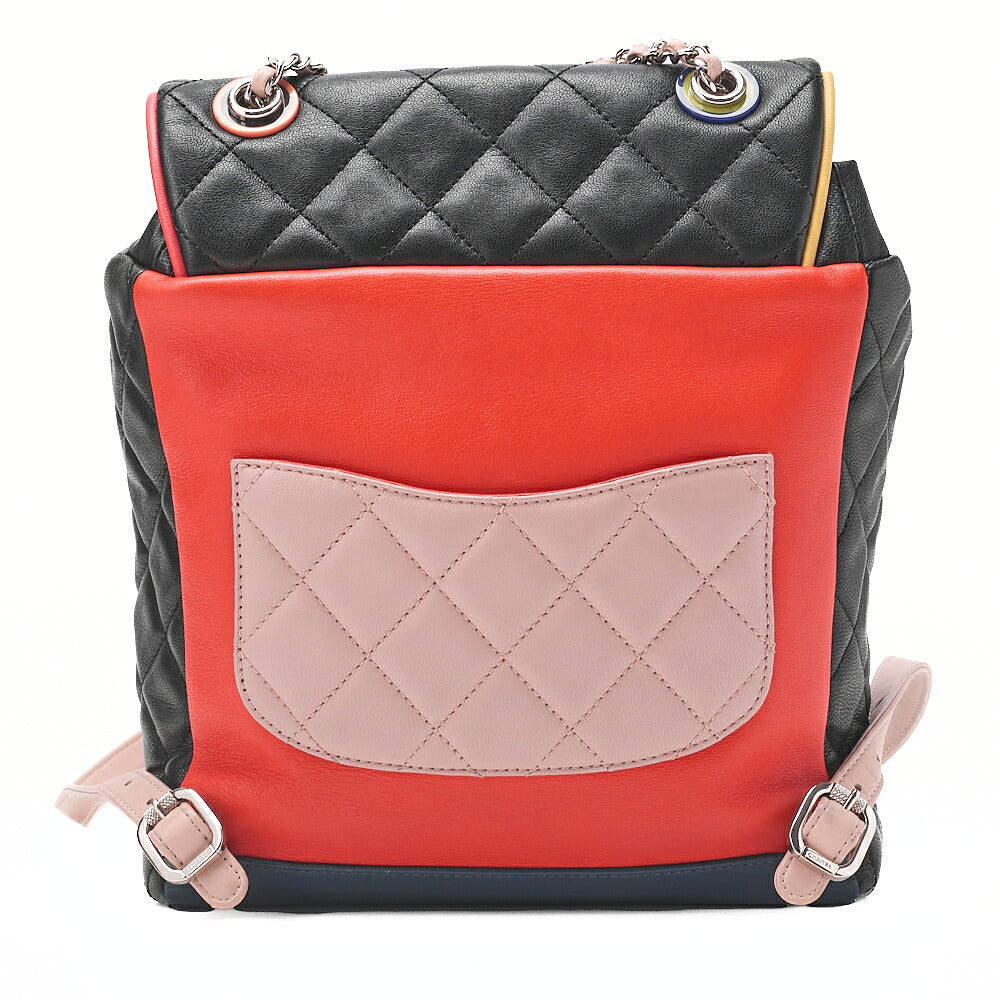 CHANEL Lambskin MatelasseTurnlock Chain Backpack Black X Multicolor Silver-Tone Hardware, Pre-Owned