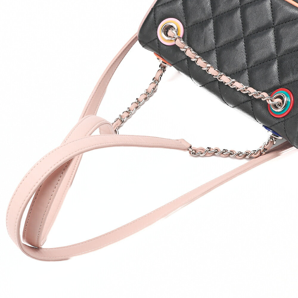 CHANEL Lambskin MatelasseTurnlock Chain Backpack Black X Multicolor Silver-Tone Hardware, Pre-Owned