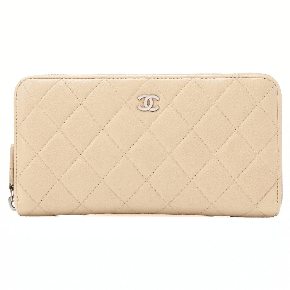 CHANEL Matelasse Round Long Wallet Caviar Skin Beige Silver-Tone Hardware, Pre-Owned