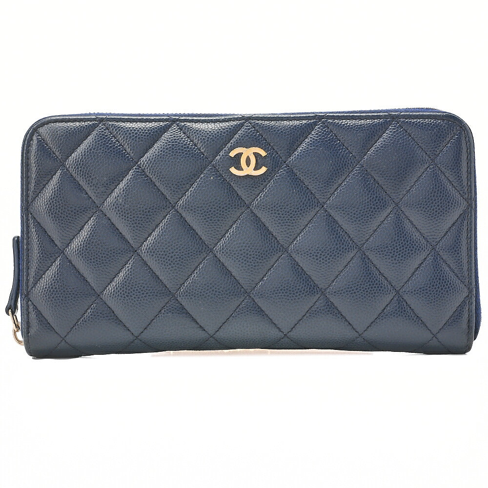 CHANEL Matelasse Round Long Wallet Caviar Skin Navy Gold-Tone Hardware, Pre-Owned