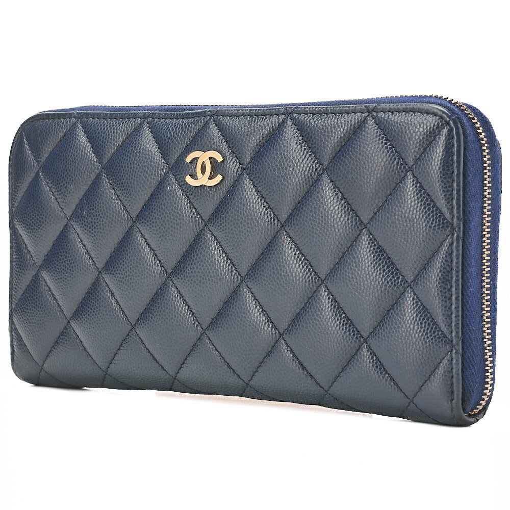 CHANEL Matelasse Round Long Wallet Caviar Skin Navy Gold-Tone Hardware, Pre-Owned
