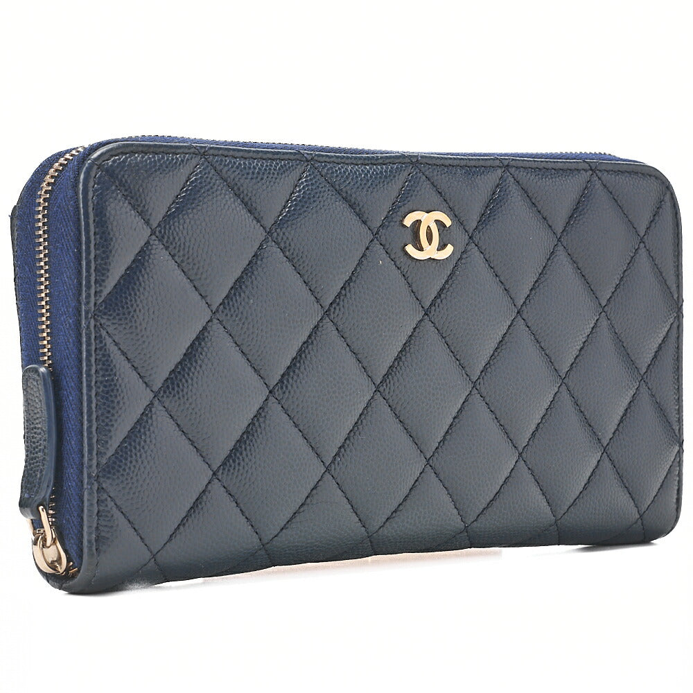 CHANEL Matelasse Round Long Wallet Caviar Skin Navy Gold-Tone Hardware, Pre-Owned