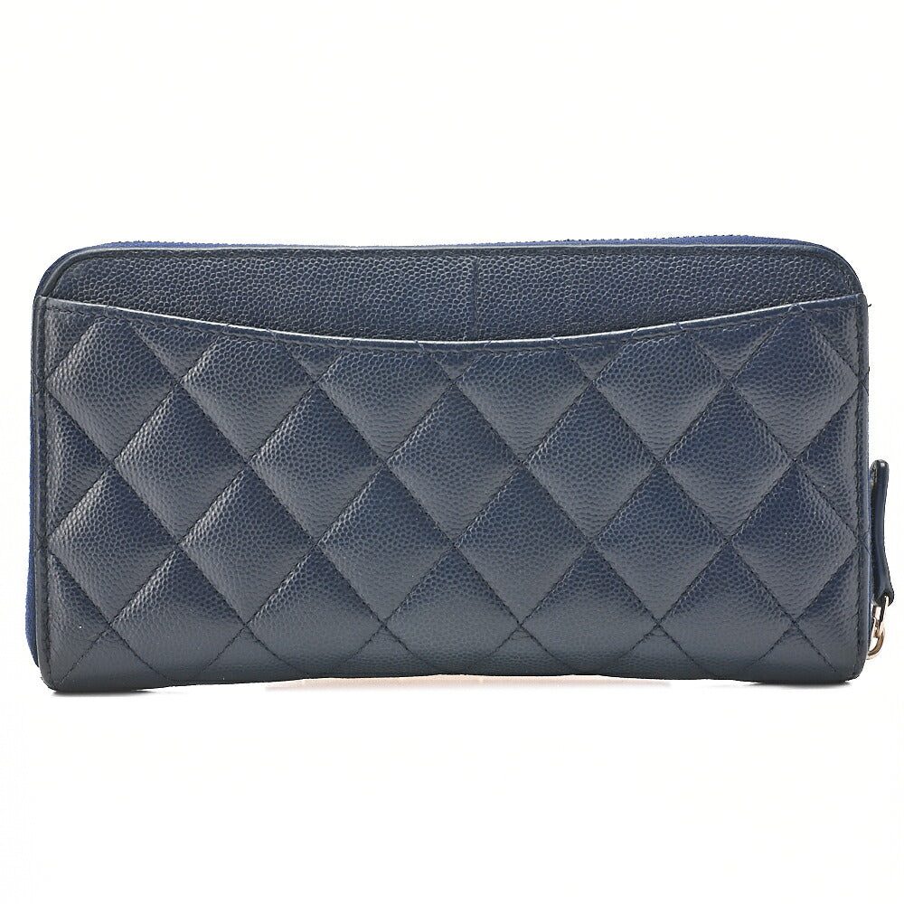 CHANEL Matelasse Round Long Wallet Caviar Skin Navy Gold-Tone Hardware, Pre-Owned
