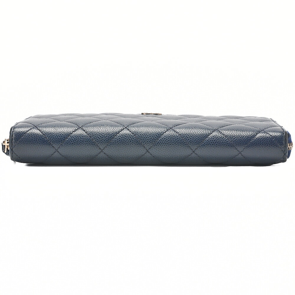CHANEL Matelasse Round Long Wallet Caviar Skin Navy Gold-Tone Hardware, Pre-Owned