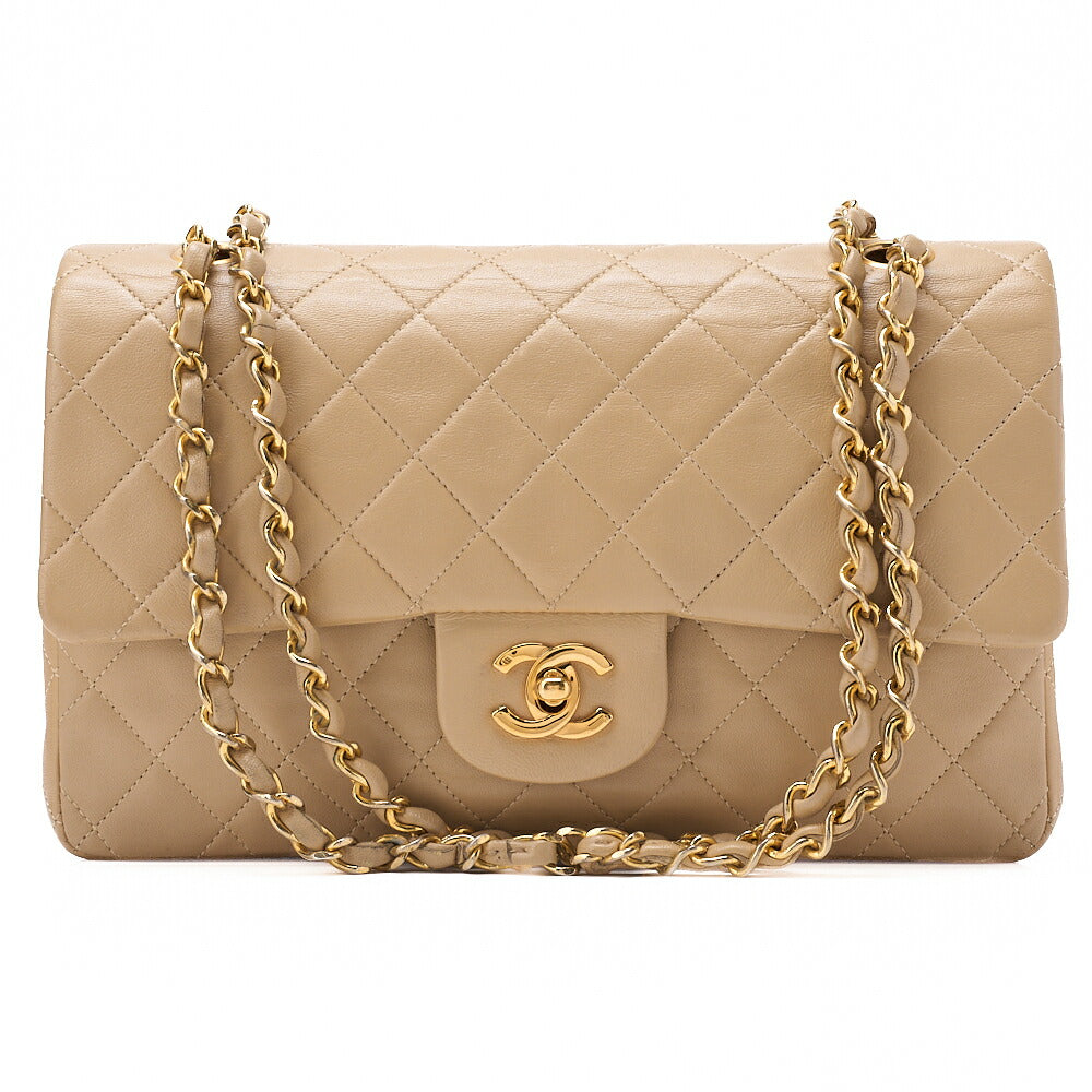 CHANEL Lambskin Matelasse 25cm Double Flap Chain Shoulder Beige Gold-Tone Hardware, Pre-Owned