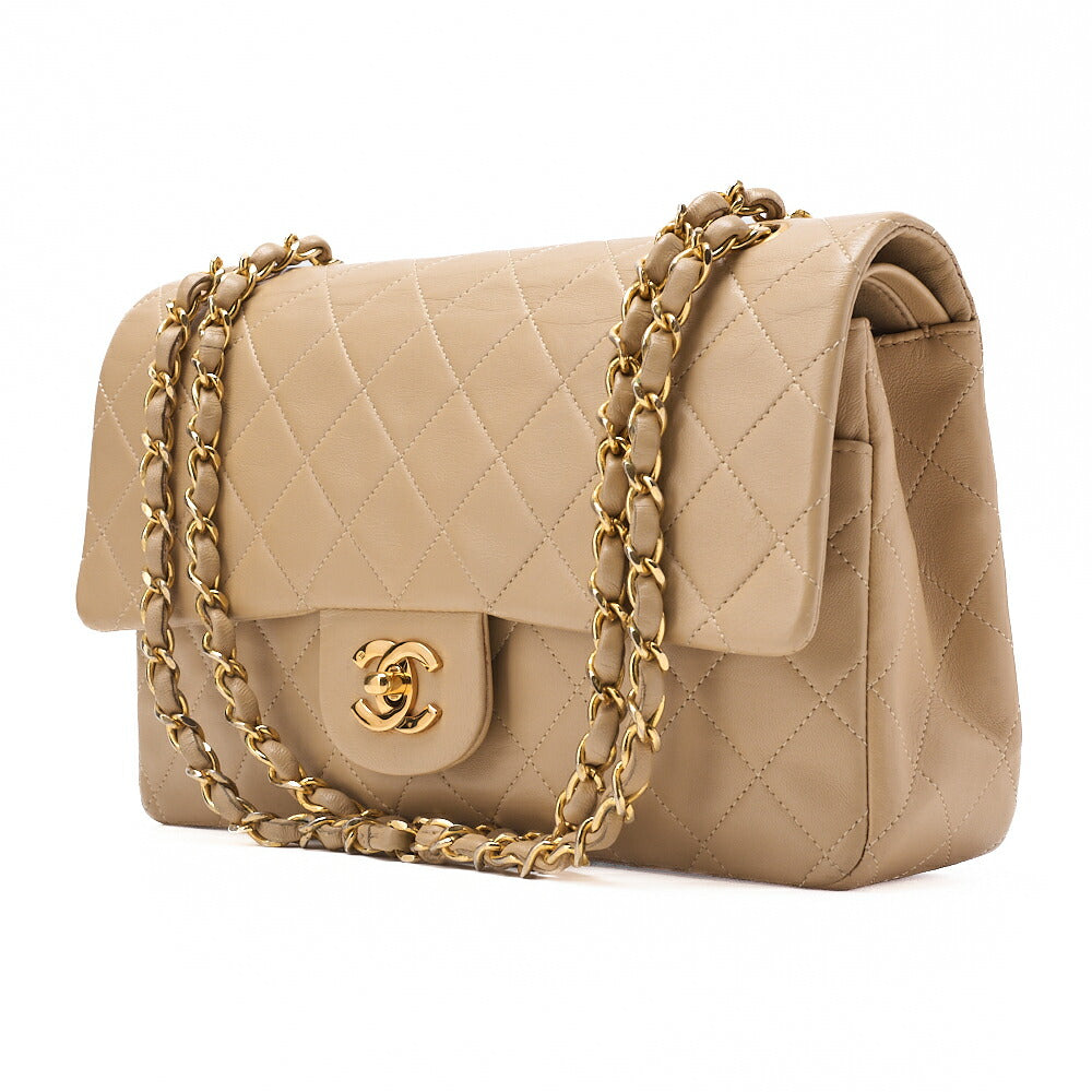 CHANEL Lambskin Matelasse 25cm Double Flap Chain Shoulder Beige Gold-Tone Hardware, Pre-Owned